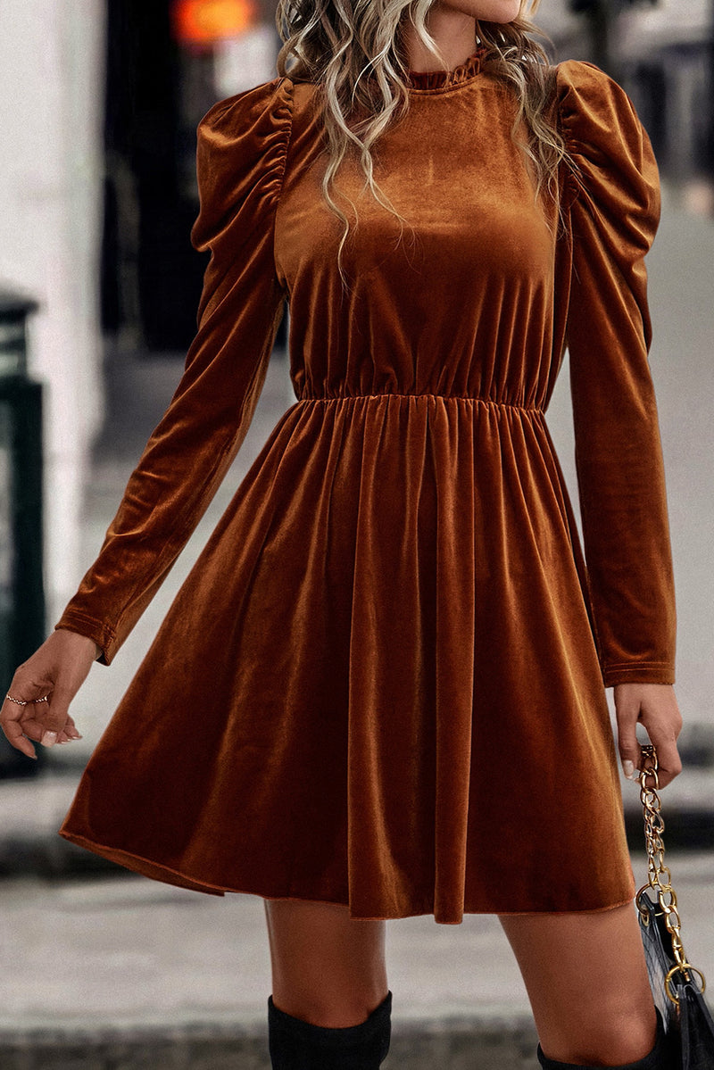 *Website Exclusive* Velvet Frilled Neck Gigot Sleeve Swing Dress