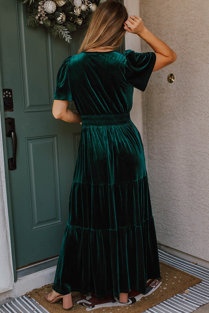 *Website Exclusive* Taylor Velvet Puff Short Sleeve Smocked Waist Tiered Maxi Dress