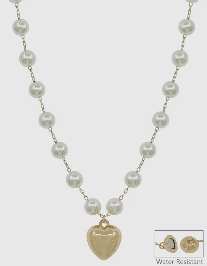 Water Resistant 20mm Pearl Necklace with Heart Charm
