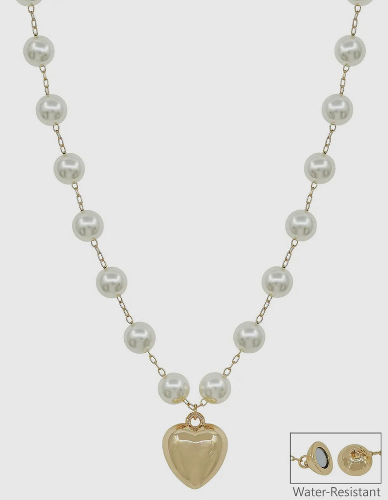 Water Resistant 20mm Pearl Necklace with Heart Charm