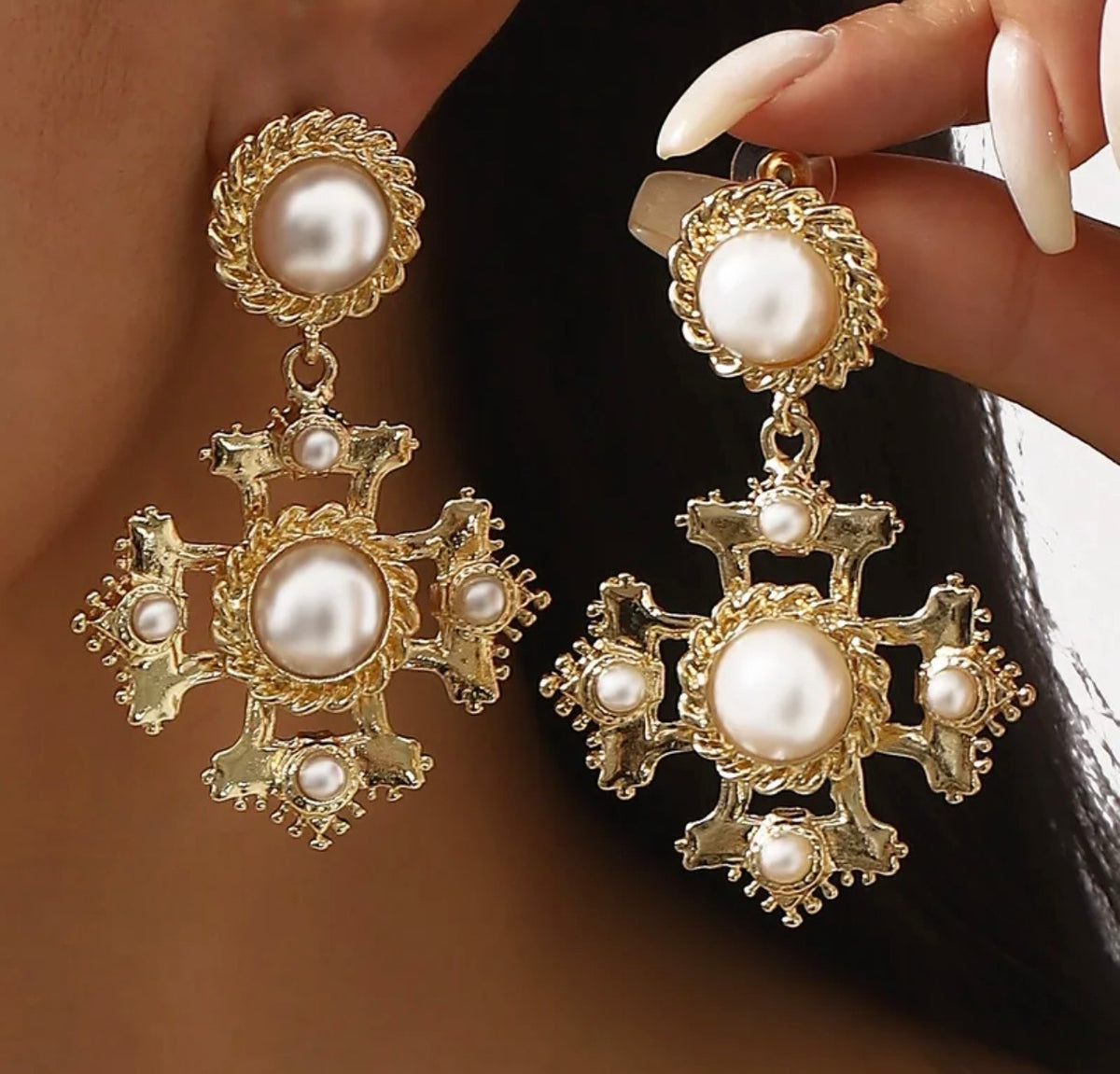 Large Pearl/Gold Cross Earrings