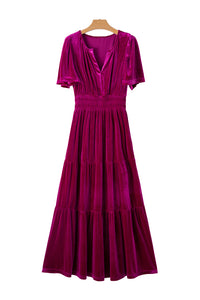 *Website Exclusive* Taylor Velvet Puff Short Sleeve Smocked Waist Tiered Maxi Dress