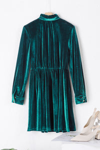 *Website Exclusive* Green Velvet Frill Neckline Buttoned Front Ruffle Mini Dress