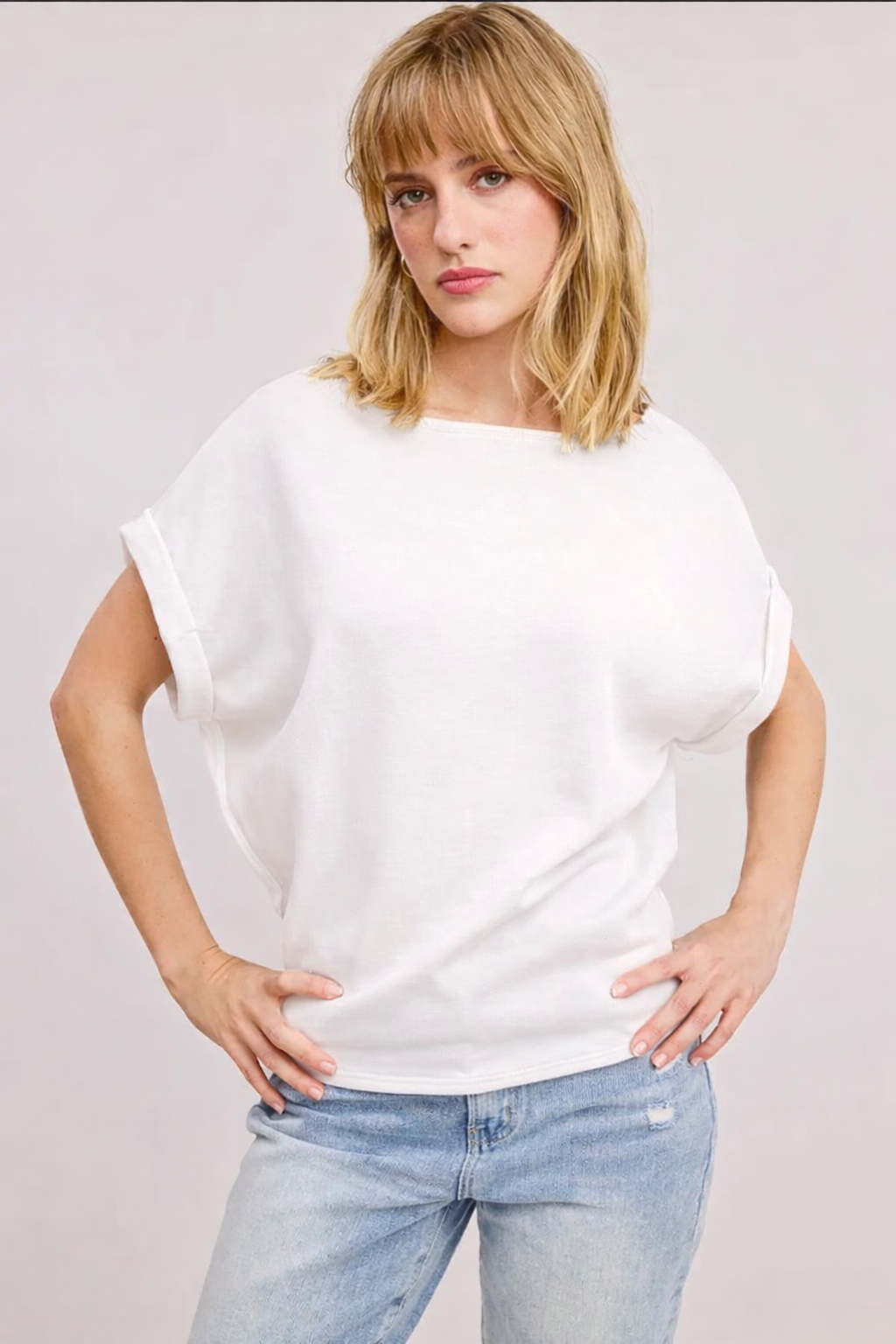 White Cuff Sleeve Dolman Scuba Fabric Top