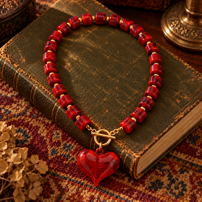 Red Chunky Bead Heart Necklace