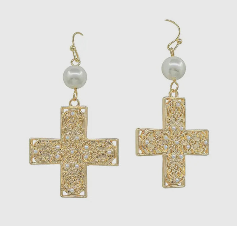 Gold Hammered Cross with Pearl Earrings