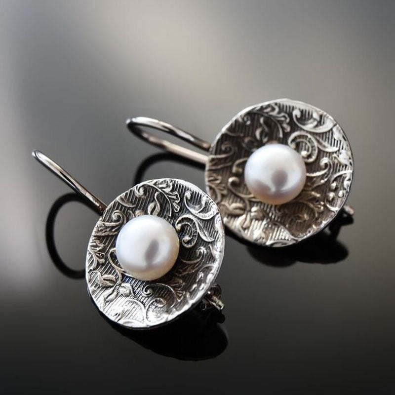 Round Silver Pearl Earrings