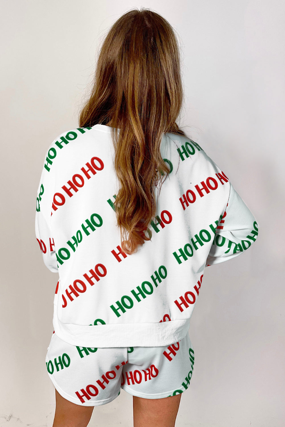 *Website Exclusive* White Christmas HO HO HO Print Drop Shoulder Pullover and Shorts Set