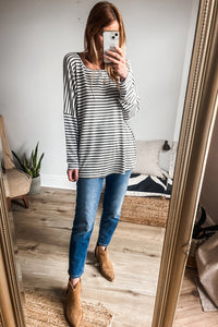 *WEBSITE EXCLUSIVE* Gray Stripe Drop Sleeve Round Neck Oversized Top