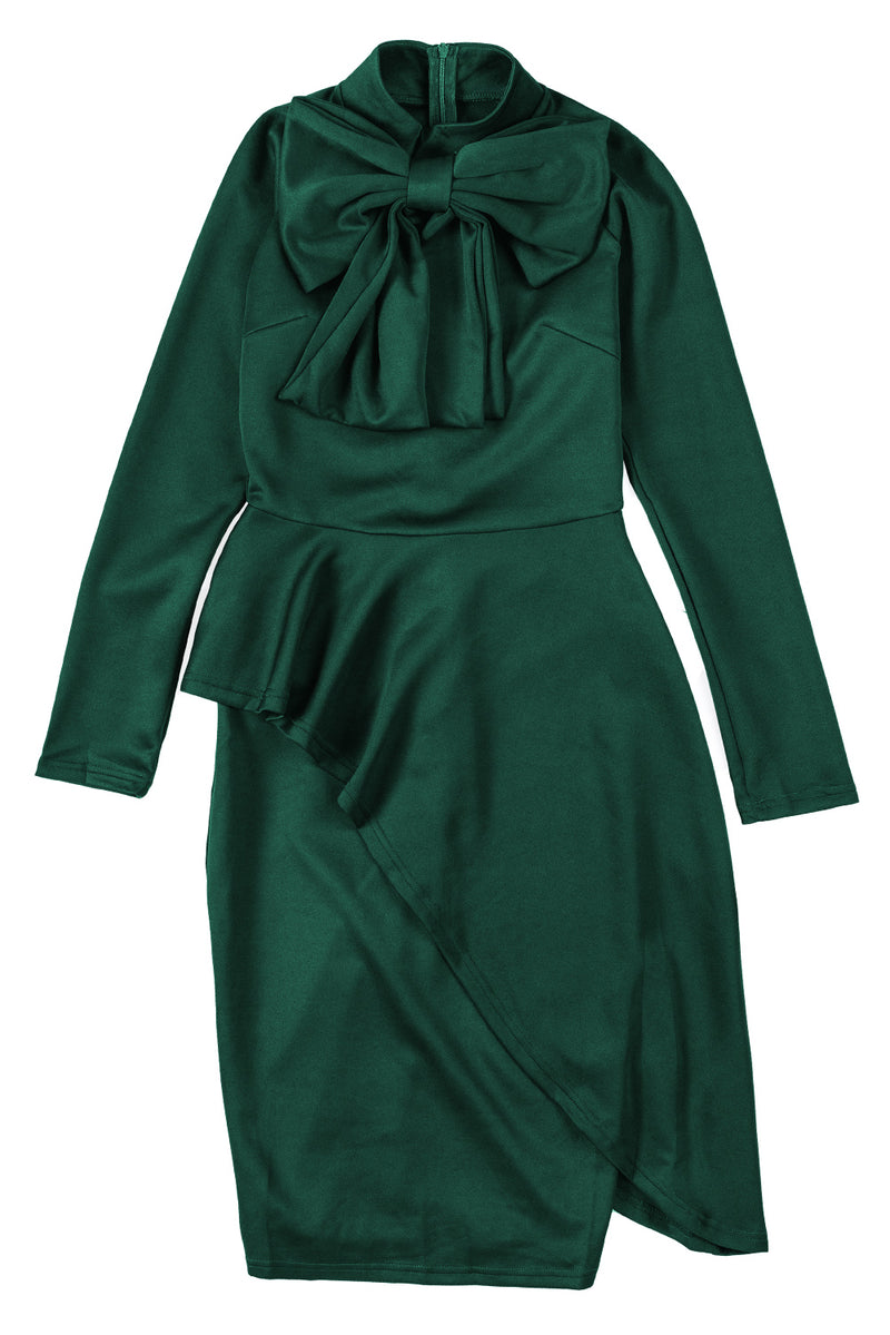 *Website Exclusive * Green Asymmetric Peplum Style Bow Dress