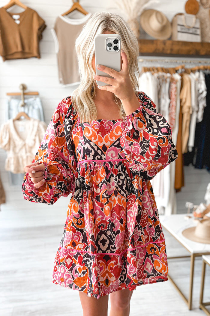 *Website Exclusive* Pink Geometric Print Square Neck Puff Sleeve Mini Dress