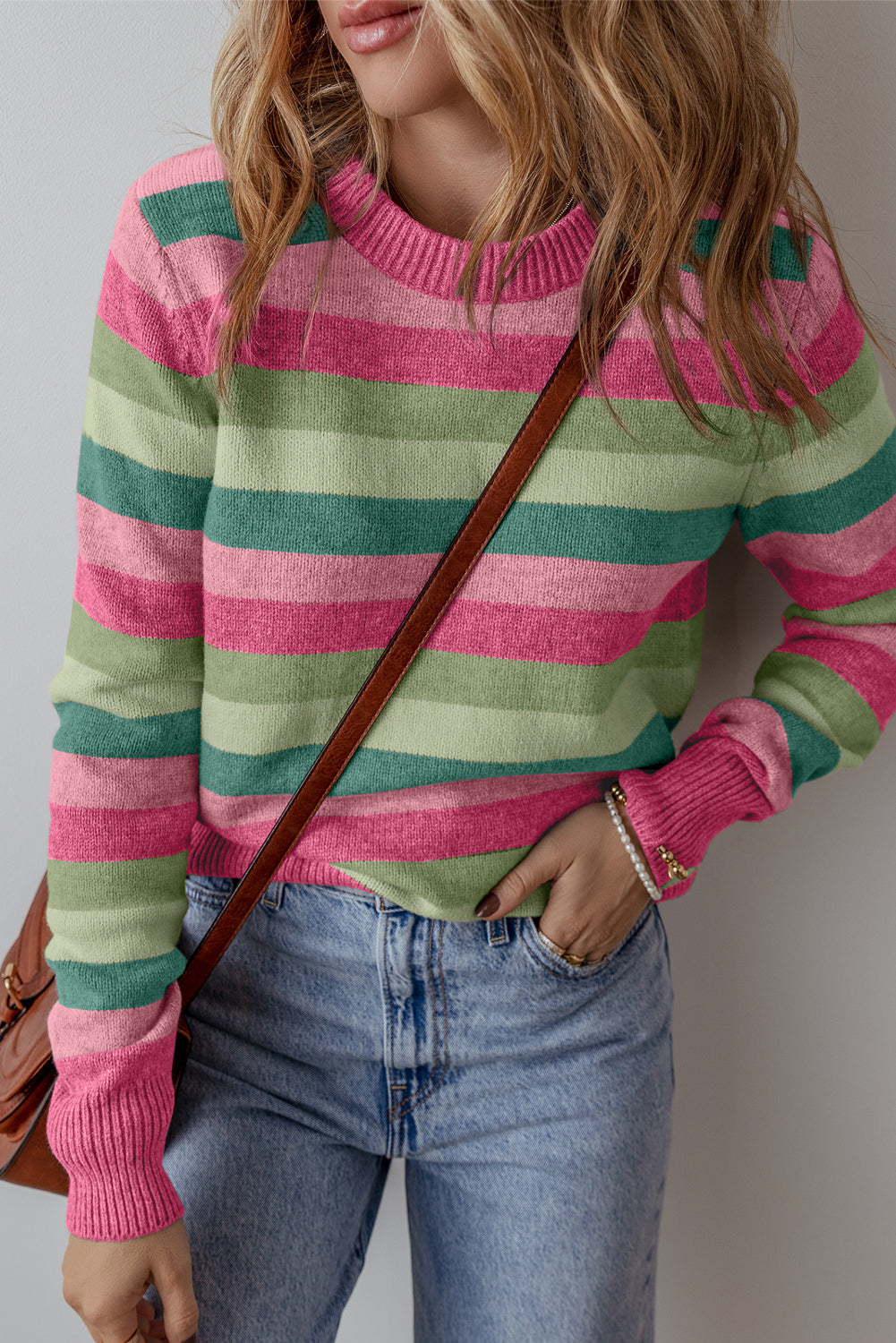 Green Striped Ribbed Edge Round Neck Sweater