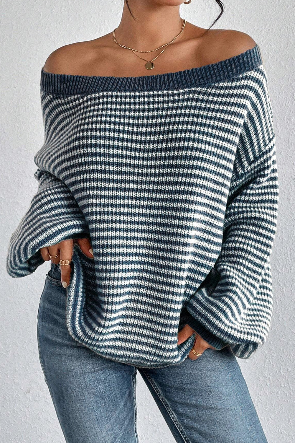 *WEBSITE EXCLUSIVE* Blue Striped Drop Shoulder Sleeve Sweater