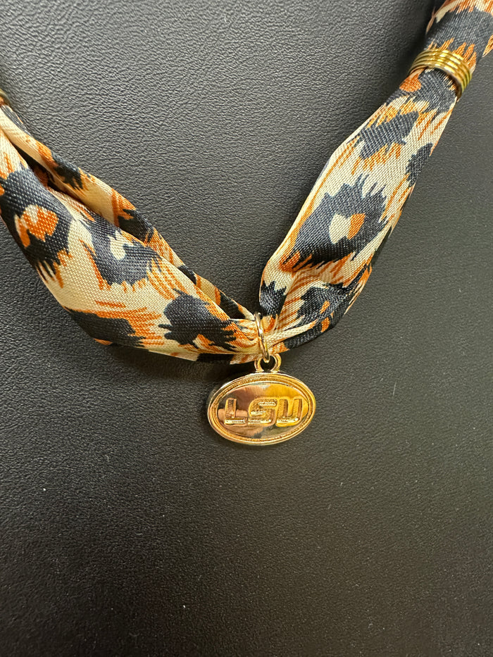 Leopard Print Scarf Necklace with LSU Charm