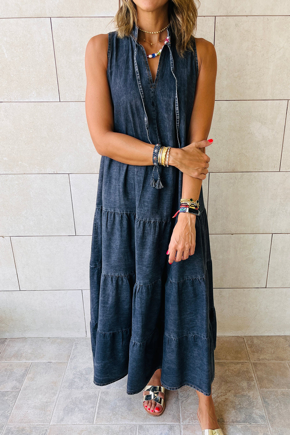 *WEBSITE EXCLUSIVE*  Sleeveless Tiered Chambray Maxi Dress