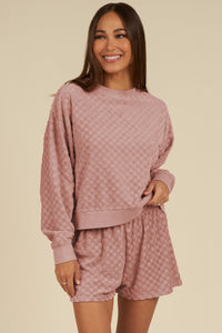 *Website Exclusive* Blossom Checkered Textured Long Sleeve Top and Shorts Set