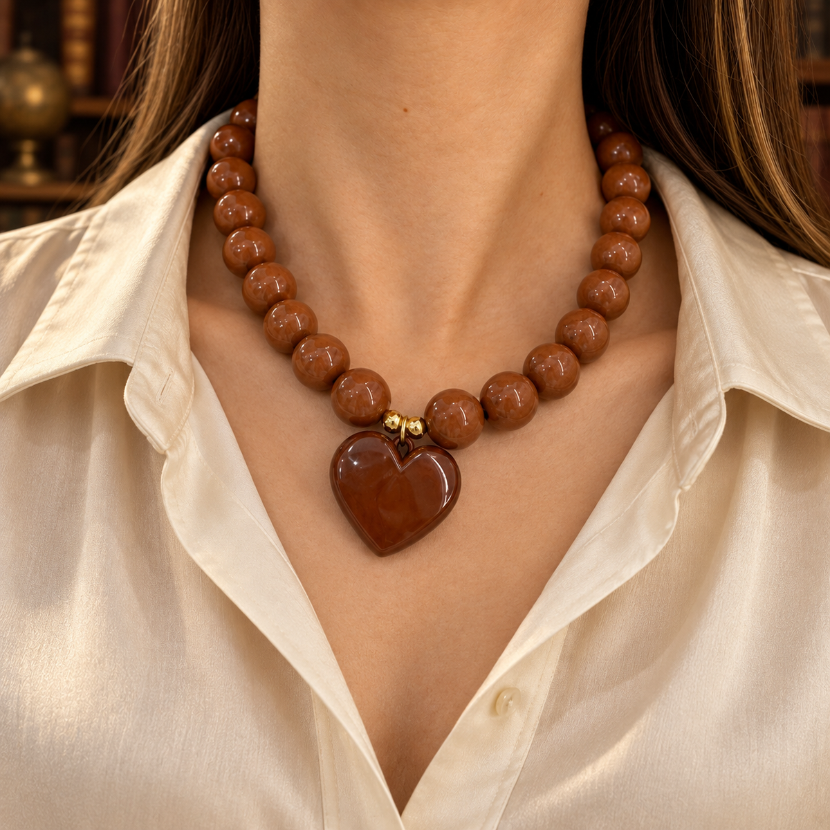 Brown Chunky Bead Heart Necklace