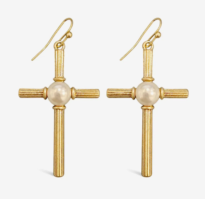 Gold Pearl Accent Cross Earrings