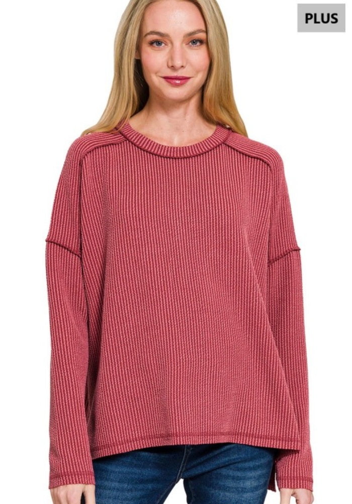 Plus Burgundy Raised Rib Long Sleeve Top