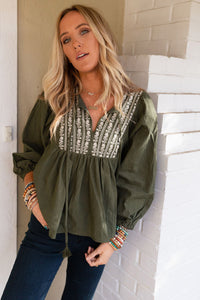 *WEBSITE EXCLUSIVE* Green Embroidered Split Neck Pleated Loose Blouse