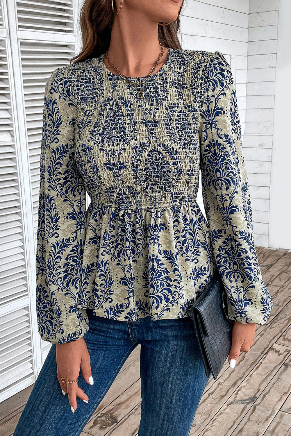 *WEBSITE EXCLUSIVE* Blue Smocked Peplum Blouse