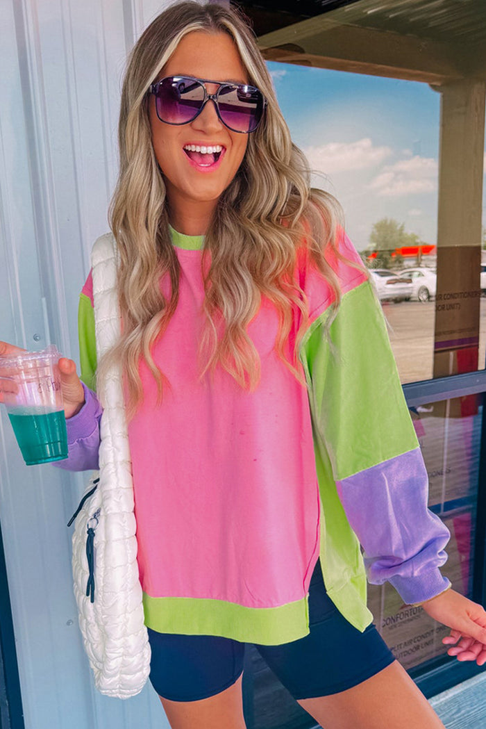 *Website Exclusive* Pink Colorblock Patchwork Oversized Sweatshirt