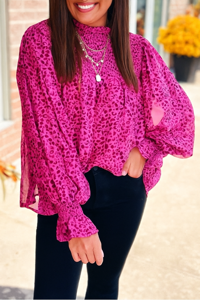 Hot Pink Long Sleeve Leopard Blouse