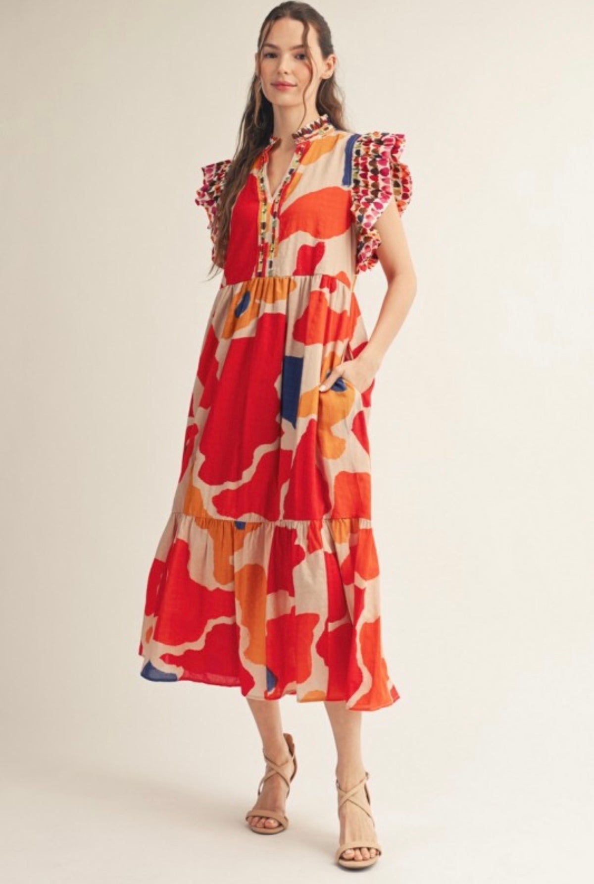 Red Orange Print Long Dress