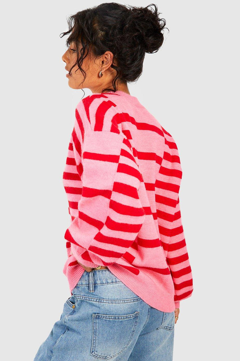 *WEBSITE EXCLUSIVE* Pink Striped Crewneck Knit Sweater