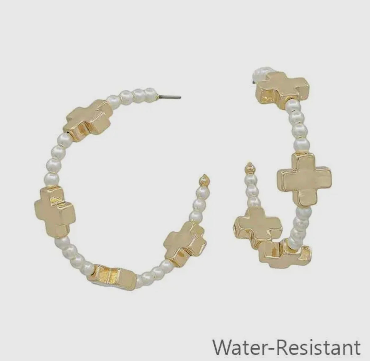 Pearl Hoops with Gold Crosses