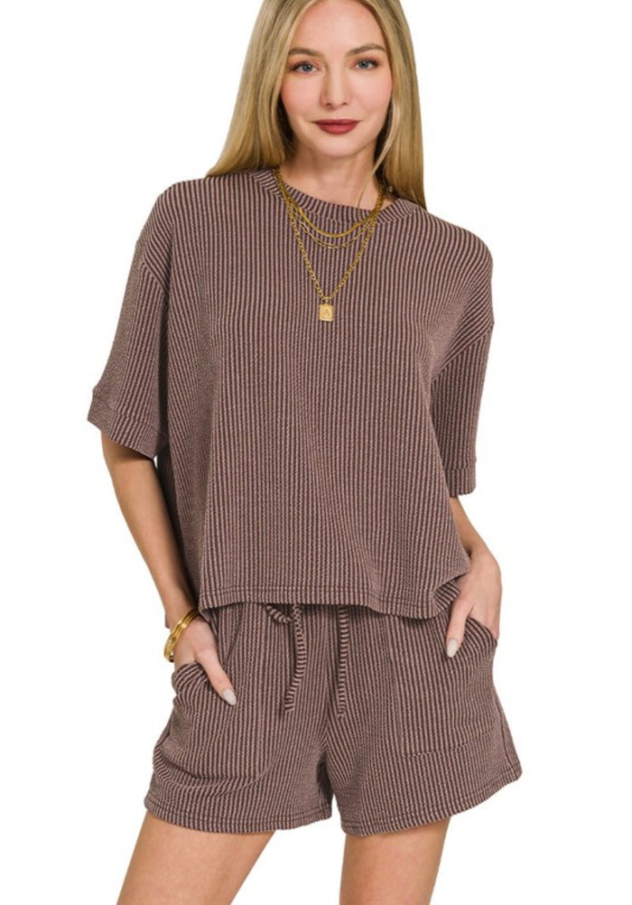 Brown Ribbed Short Set