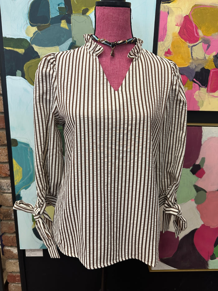 Tan Striped 3/4 Sleeve Blouse