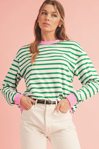 *Website Exclusive* Striped Contrast Trim Long Sleeve Top