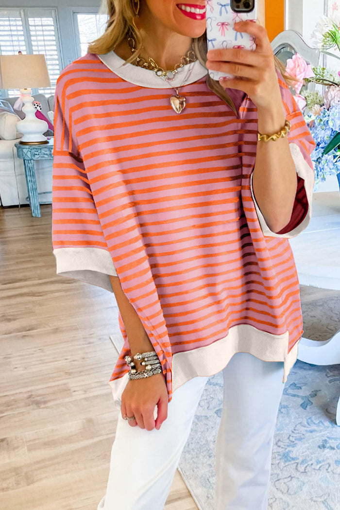 *WEBSITE EXCLUSIVE* Multicolor Stripe Contrast Trim Drop Sleeve Loose Top