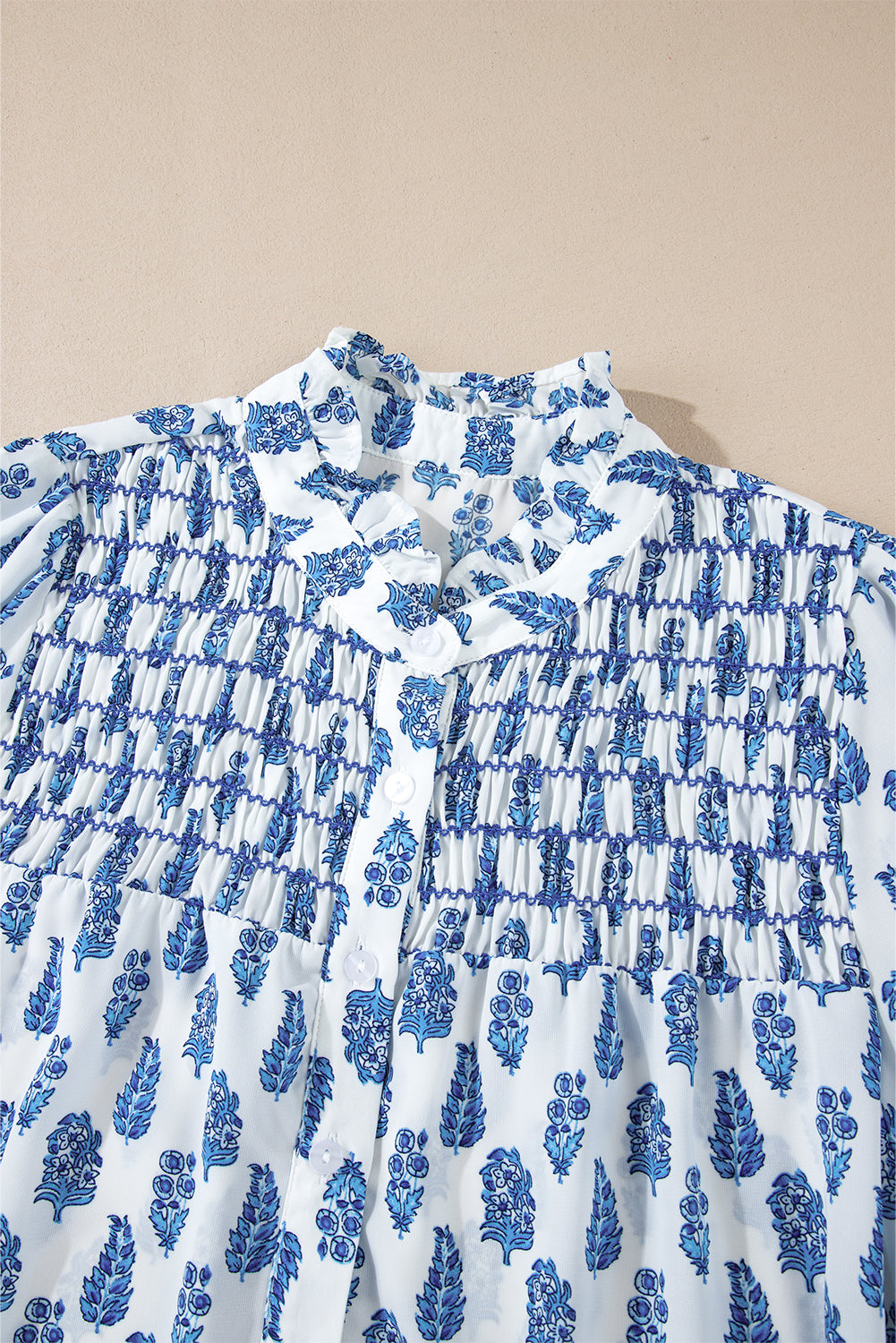 *WEBSITE EXCLUSIVE* Sky Blue Boho Floral Frill Neck Smocked Shirt