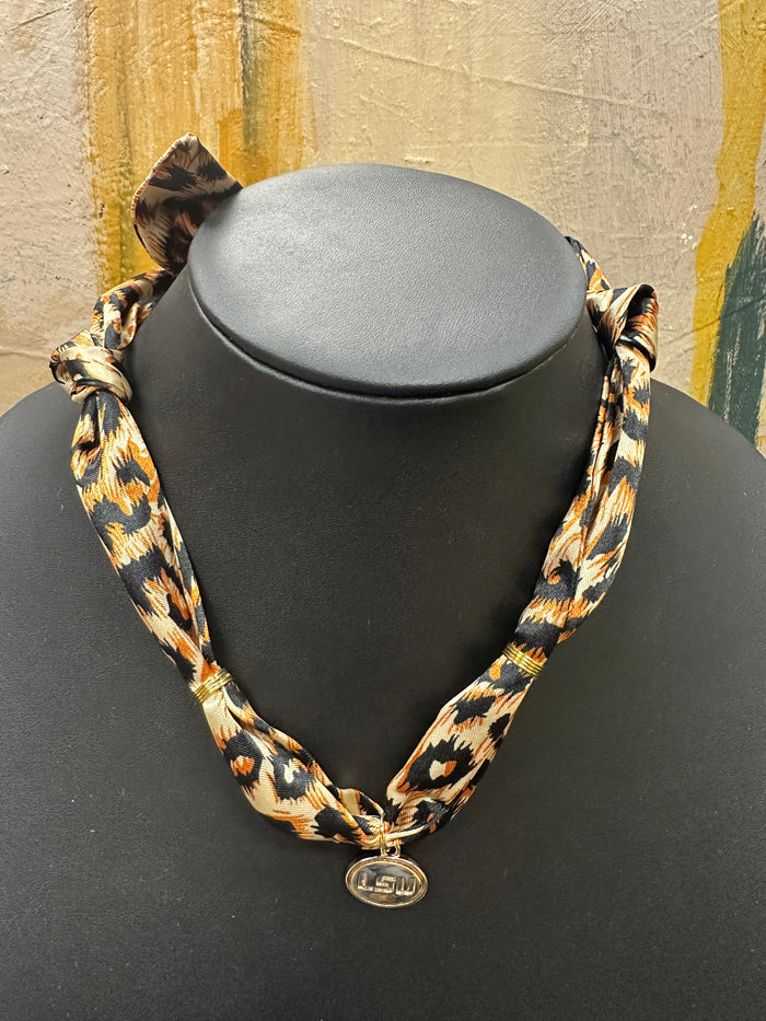 Leopard Print Scarf Necklace with LSU Charm
