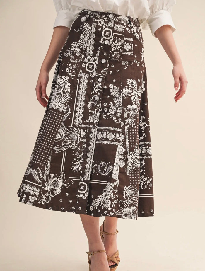 Brown Print Button Up Skirt