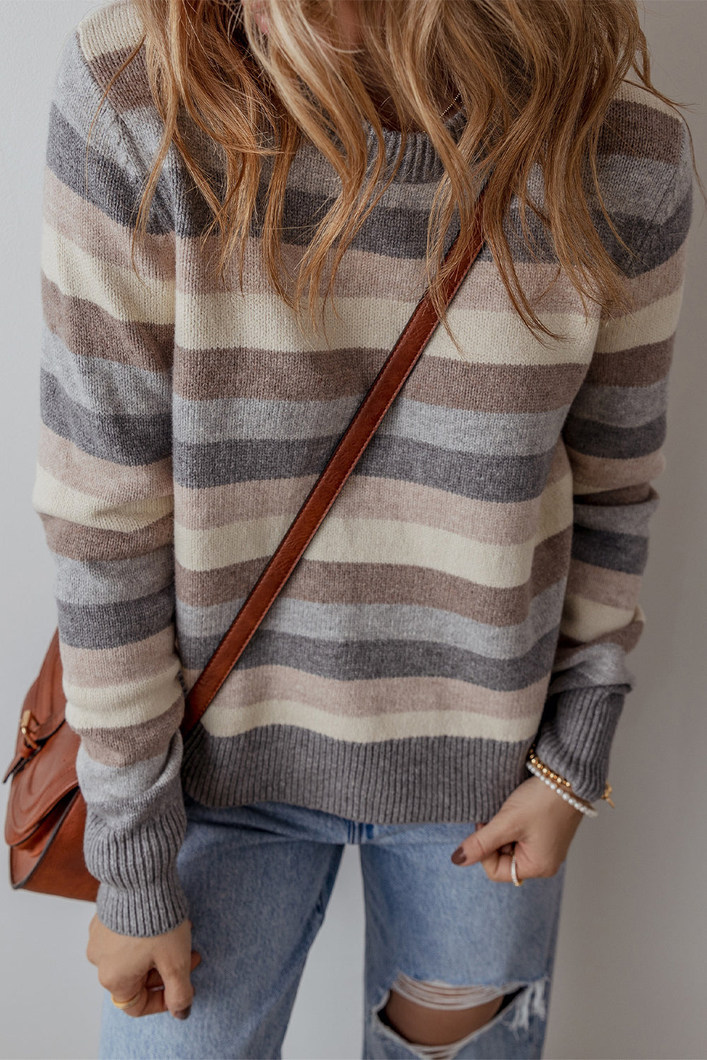 *WEBSITE EXCLUSIVE* Sarah Gray Striped Ribbed Edge Round Neck Sweater