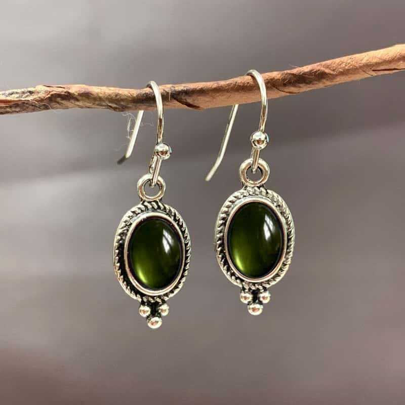 Green Silver Oval Earrings