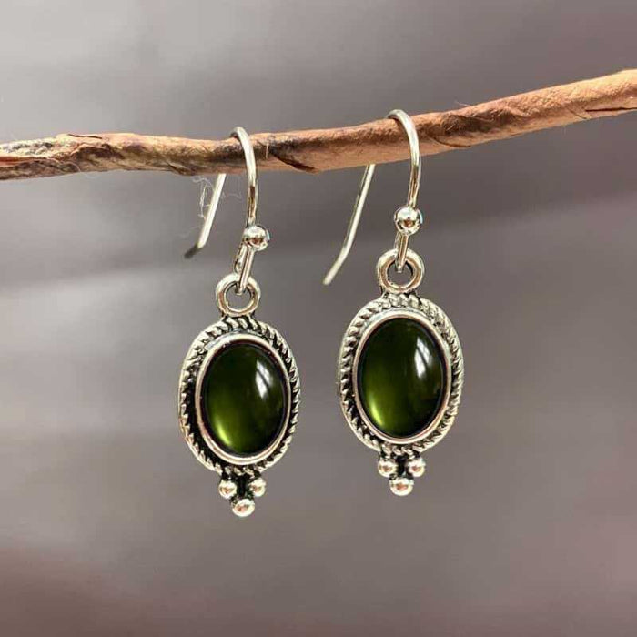 Green Silver Oval Earrings