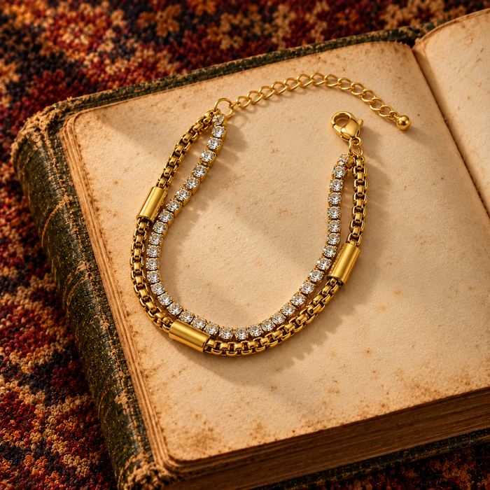 Rhinestone & Gold Chain Double Bracelet