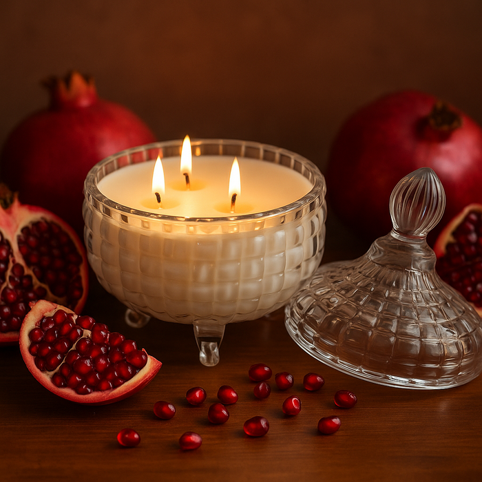 Pomegranate Collection – Coconut Apricot Wax Candles (Footed Glass Jar, 3-Wick)