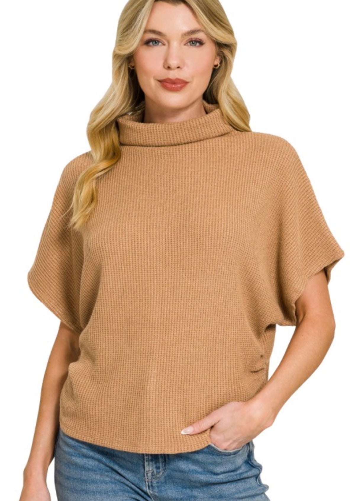 Deep Camel Mock Neck Short Sleeve Sweater