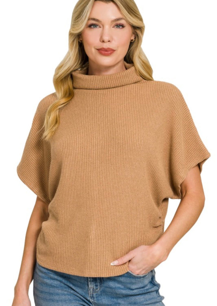 Deep Camel Mock Neck Short Sleeve Sweater