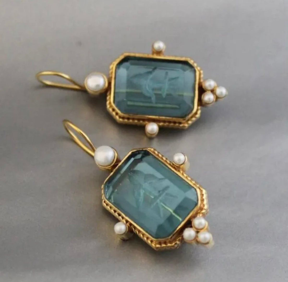 Rectangular Peacock Green Glass Earrings (FW)