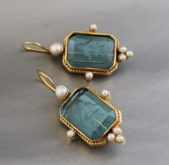 Rectangular Peacock Green Glass Earrings (FW)