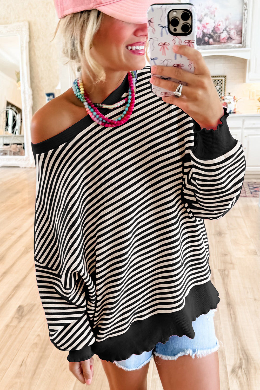 *WEBSITE EXCLUSIVE*  Flora Pink Stripe Drop Shoulder Long Sleeve Top