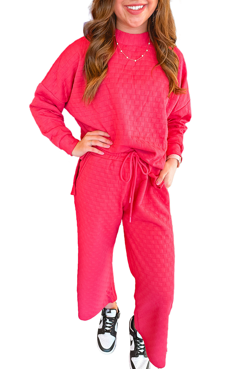 *WEBSITE EXCLUSIVE* Strawberry Pink Checkered Textured Pullover Top and Pants Set