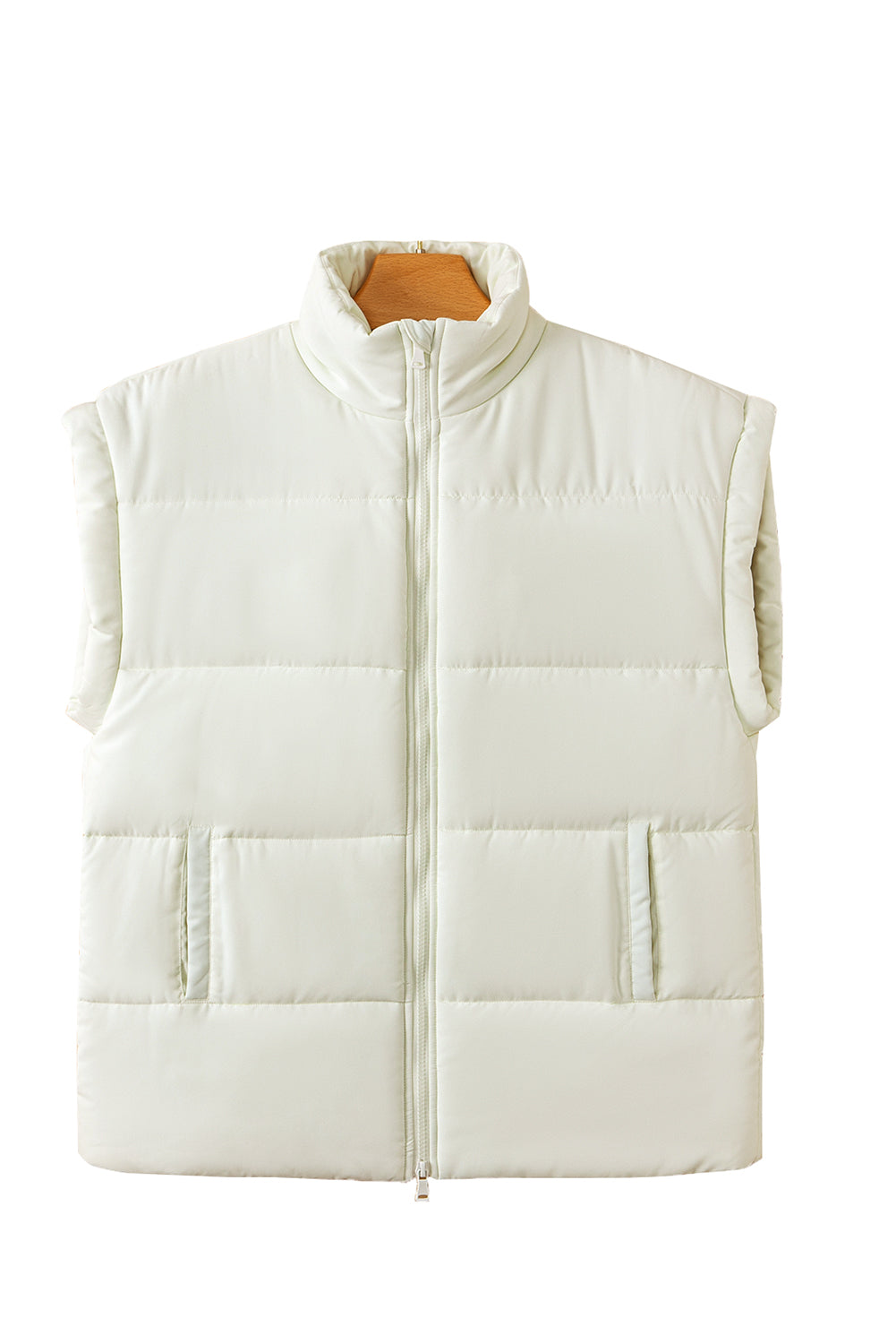 *Website Exclusive* Beige Solid Zipper Stand Neck Oversized Puffer Vest