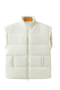 *Website Exclusive* Beige Solid Zipper Stand Neck Oversized Puffer Vest